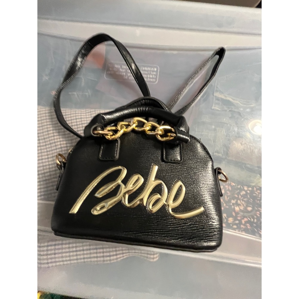 Bebe Black Mini Dome Satchel Crossbody Bag Gold‎ Logo Chain Textured Handbag